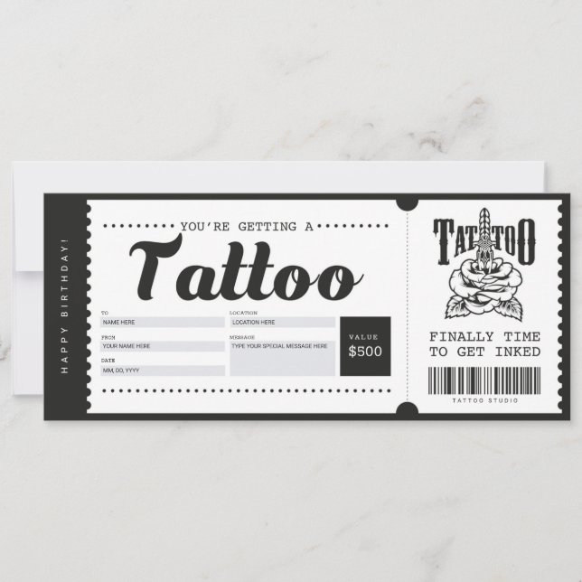 Carte Cadeau Ticket Bon de Tatouage Certificat (Devant)