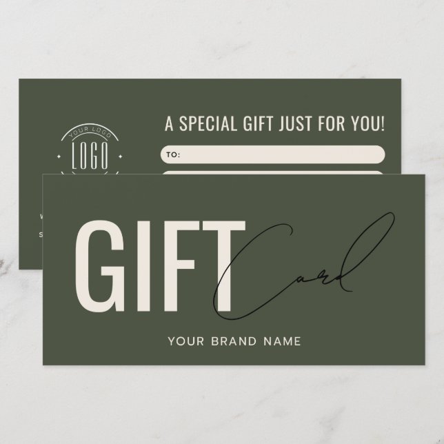Carte cadeau vert olive moderne avec logo professi (Devant / Derrière)
