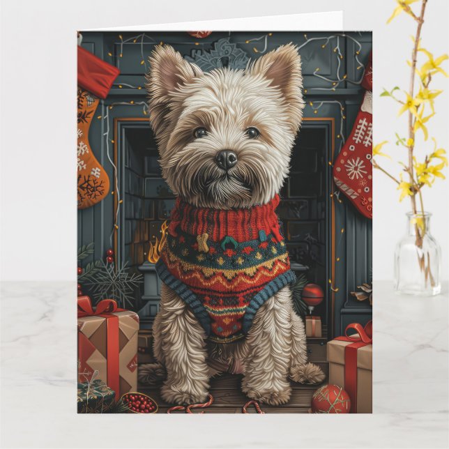 Carte Cadeaux de Noël Bouvier des Flandres Cheminée (Fleur jaune)