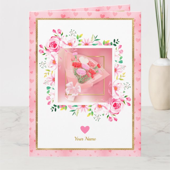 Carte Cadeaux de vacances de coeurs floraux de rose rose (Devant)