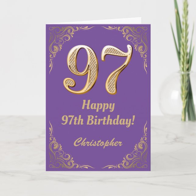 Carte Cadre avec paillettes violet et or pour 97e annive (Devant)