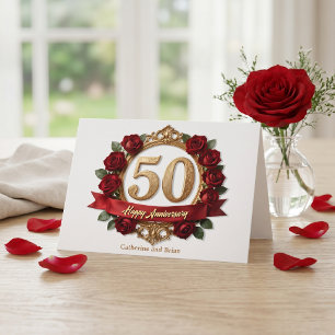 Carte Cadre Orné Doré Rose Rouge Élégant 50e Anniversair