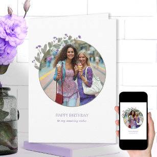 Carte Cadre photo à fleurs violettes Joyeux anniversaire