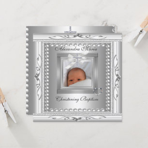 Carte Cadre photo en argent avec ruban pour baptême