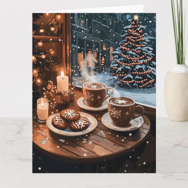 Carte Café cosy d'hiver avec chocolat chaud et biscuits (Devant)