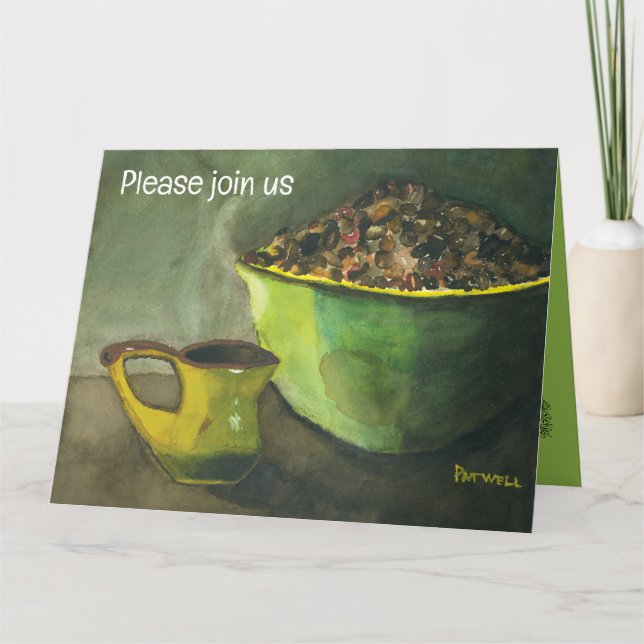 Carte Café du matin avec bol de haricots de café (aquare (Devant)