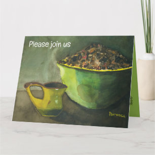 Carte Café du matin avec bol de haricots de café (aquare