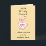 Carte Café Jaune et amis Salutation d'anniversaire<br><div class="desc">Personnalisez cette carte de voeux d'anniversaire avec un nom et changez l'autre texte si vous préférez. Conçu en jaune et rose avec une tasse de café et les coeurs d'amour. Pour un amoureux du café bon ami.</div>