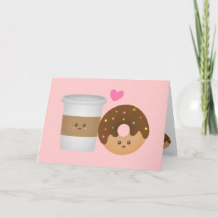 Carte Café Kawaii et beigne en amour, paire parfaite