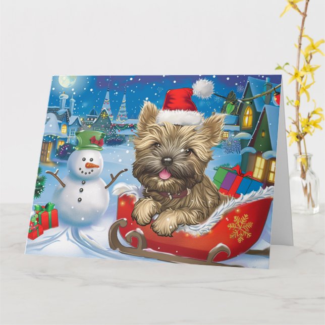 Carte Cairn Terrier Chien dans Sleigh neige Noël (Fleur jaune)