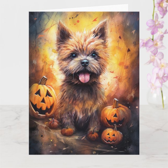 Carte Cairn Terrier Halloween avec citrouilles effrayant (Orchidée)