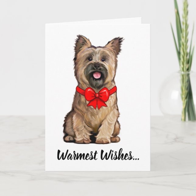 Carte Cairn Terrier Rouquin portant un nœud de Noël (Devant)