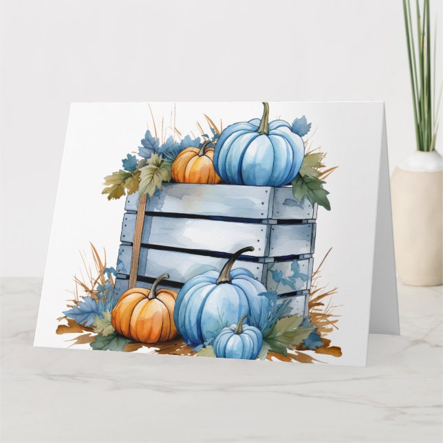 Carte Caisse de citrouille bleue et orange aquarelle (Devant)