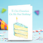 Carte Cake de Grandson<br><div class="desc">Célébrez le premier anniversaire de votre grand-fils avec cette adorable tranche de gâteau d'aquarelle. Changez le message intérieur !</div>