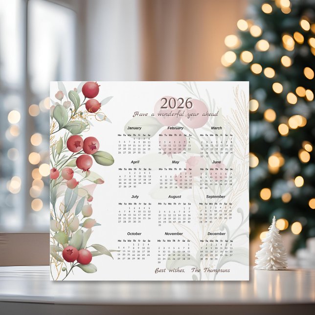 Carte Calendrier 2026 Elegant Red Berries Green (Créateur téléchargé)
