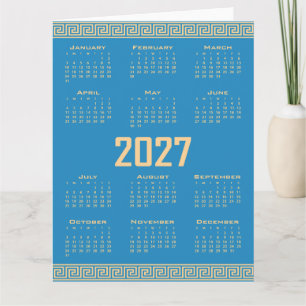 Carte Calendrier 2027, Frette Grecque, Beige sur Bleu Co