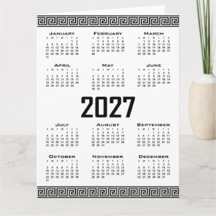 Carte Calendrier 2027, Frette Grecque, Noir sur Blanc