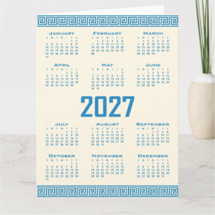 Carte Calendrier 2027, Frise grecque, Bleu sur Latte cos