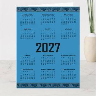 Carte Calendrier 2027, Frise grecque, Noir sur bleu cosm