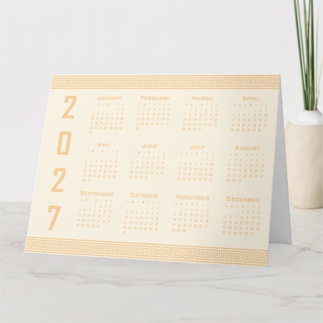 Carte Calendrier 2027, Méandre Grec, Beige sur Latte Cos (Devant)