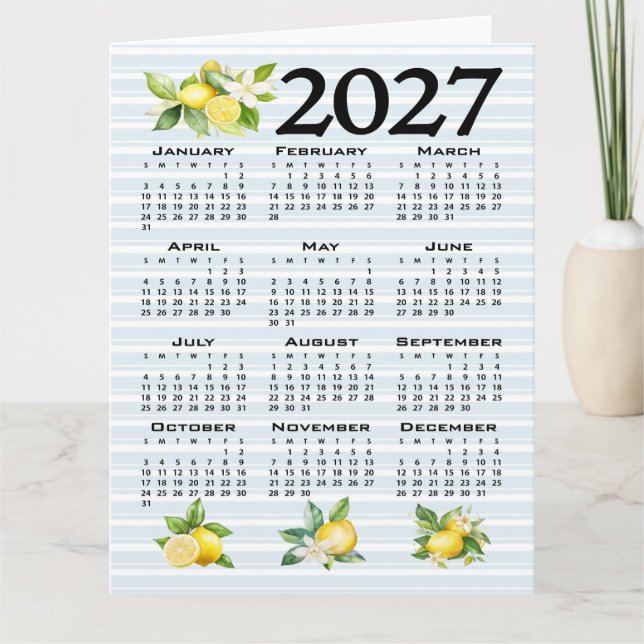 Carte Calendrier 2027 style italien citrons rayures bleu (Devant)