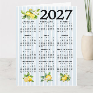 Carte Calendrier 2027 Style Italien Citrons Rayures Bleu