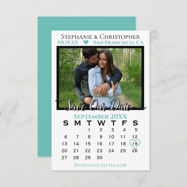 Carte Calendrier photo simple Mariage Turquoise Enregist (Devant / Derrière)