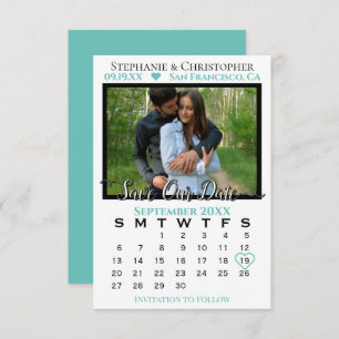 Carte Calendrier photo simple Mariage Turquoise Enregist