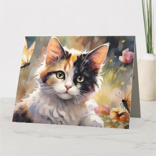 Carte Calico Cat et Papillons dans le jardin de printemp