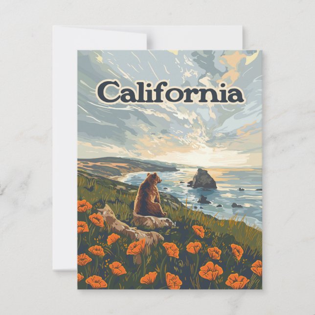 Carte California Bear Poppies Fleurs Coast Retro C (Devant)