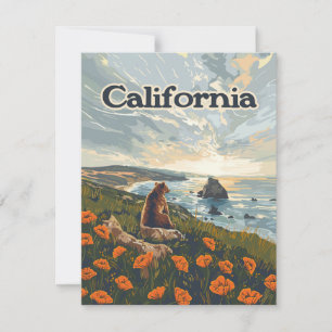 Carte California Bear Poppies Fleurs Coast Retro C