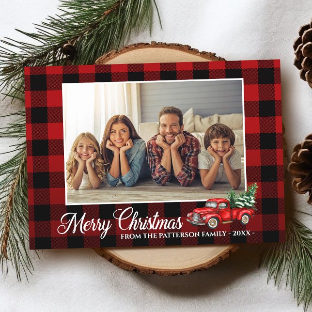 Carte Calligraphie Script Photo Buffalo Plaid Camion Rou (Available in high quality print or digital download for quick text messaging, email or self print.)