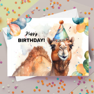 Carte Camel avec ballons et Casquette de fête Joyeux ann