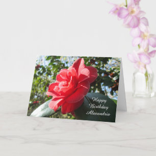 Carte Camellie rouge rayonnante - Anniversaire personnal