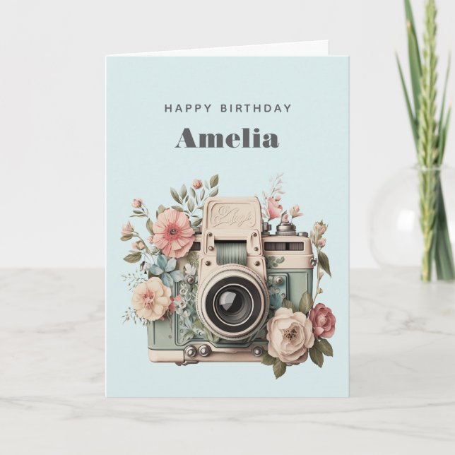 Carte Camera with Flowers Retro Pastel Image Birthday (Devant)