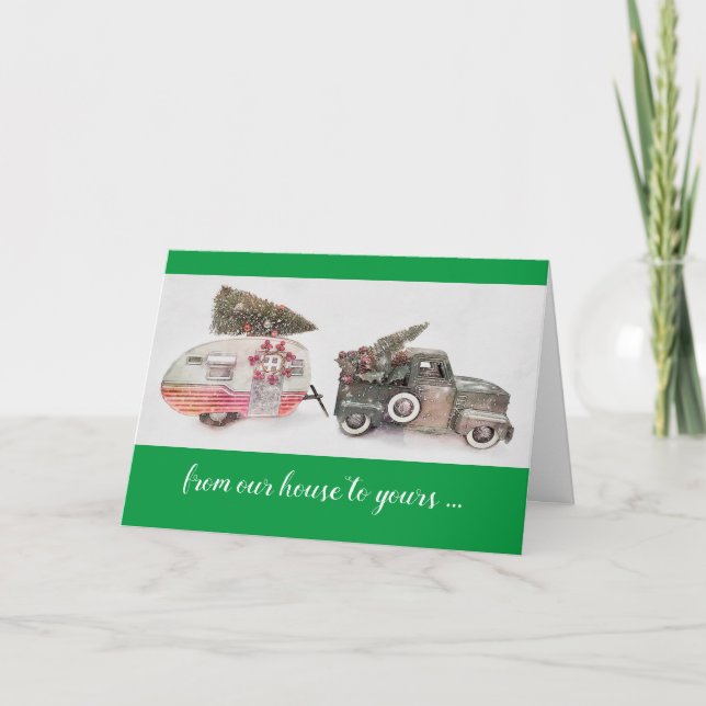 Carte camion de jouets remorque de voyage Noël en vert (Devant)