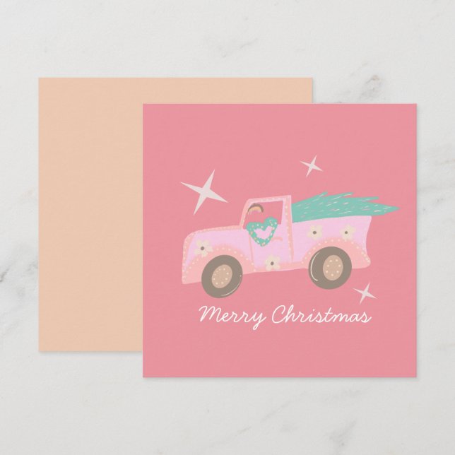 Carte Camion Rose Rétro Arbre de Noël Groovy (Devant / Derrière)