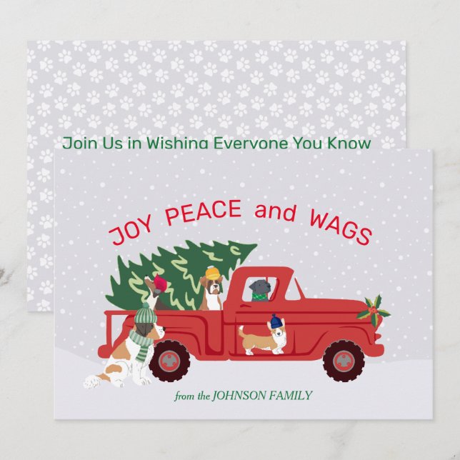 Carte Camion Rouge Arbre de Noël Chiens À cheval Noël (Devant / Derrière)