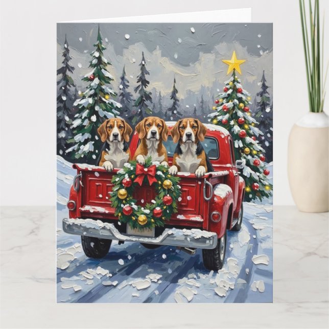 Carte Camion rouge de Noël Beagle Fêtes (Devant)