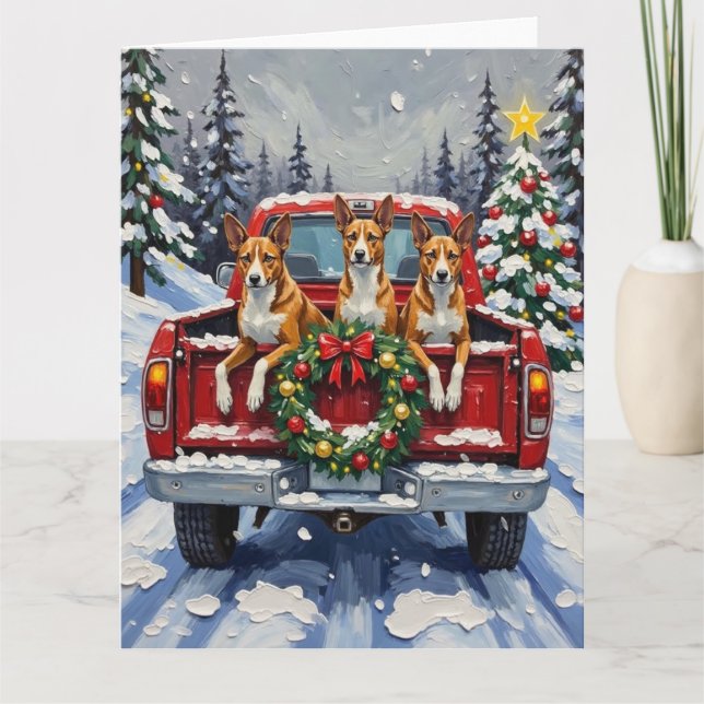 Carte Camionnette Rouge de Noël Basenji Fêtes (Devant)