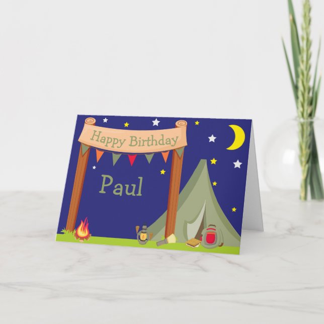 Carte Camping Anniversaire fête Dormir Khaki Vert (Devant)