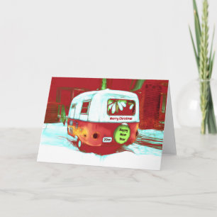 Carte Camping Retro Noël Rouge Vert Vintage