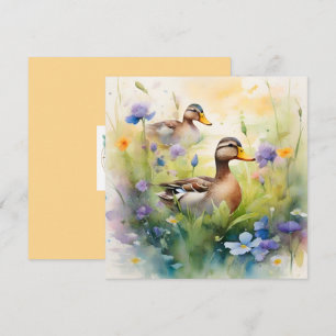 Carte Canard à l'aquarelle mignon et fleurs sauvages vie