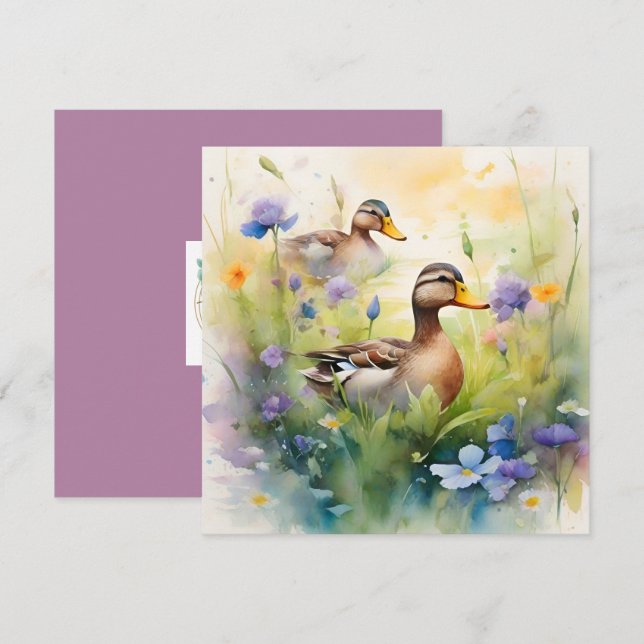 Carte Canard aquarelle mignon et fleurs sauvages vierge (Devant / Derrière)
