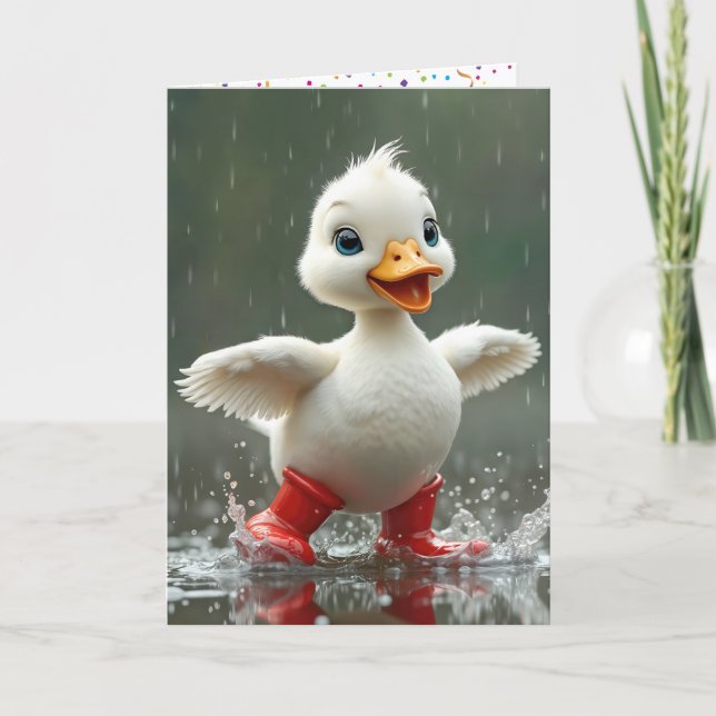 Carte Canard blanc d'anniversaire dans une flaque de plu (Devant)