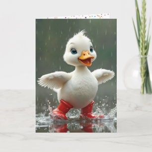 Carte Canard blanc d'anniversaire dans une flaque de plu