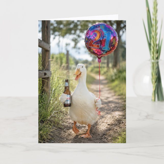 Carte Canard d'anniversaire 21 ans avec une bière (Devant)