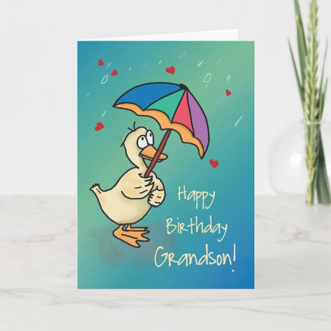 Carte Canard d'anniversaire avec parapluie en pluie (Devant)