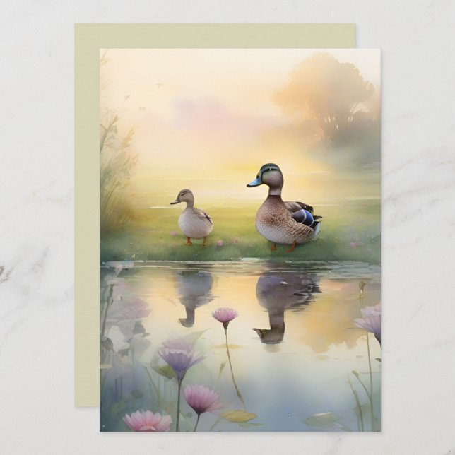 Carte Canard mignon à l'aquarelle réflexion vierge  (Devant / Derrière)