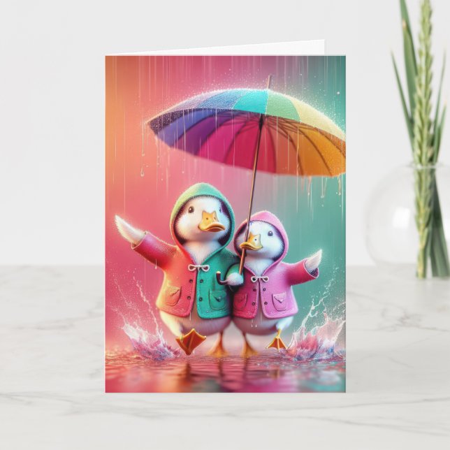 Carte Canards D'Anniversaire Marchant Dans La Pluie (Devant)